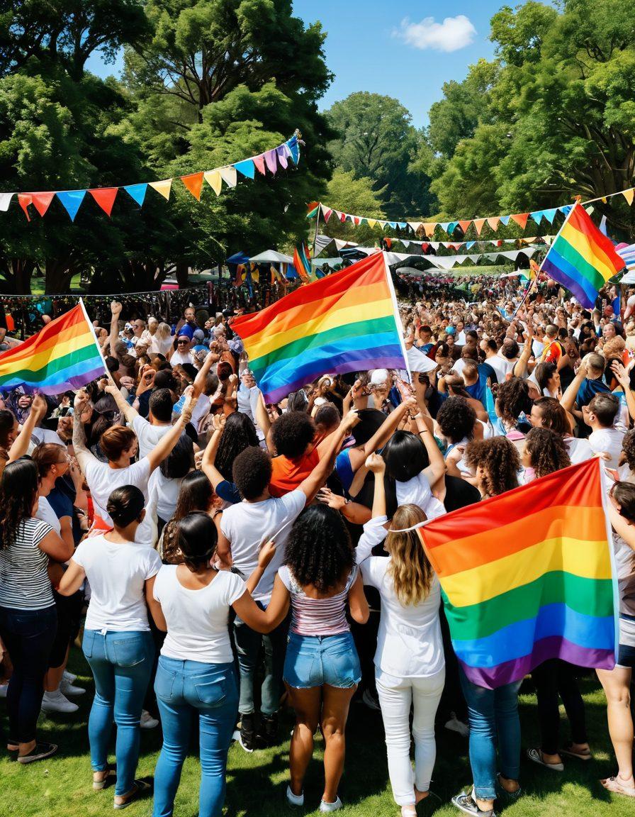 A vibrant and colorful gathering scene showcasing a diverse crowd celebrating love and community at a Shemale Gathering. Include elements like rainbow flags, laughter, and warm embraces, with a backdrop of a lively park filled with flowers and banners. Picture people engaging in activities, sharing stories, and forming connections. Bright, inviting colors to reflect the joyous atmosphere. super-realistic. vibrant colors. 3D.