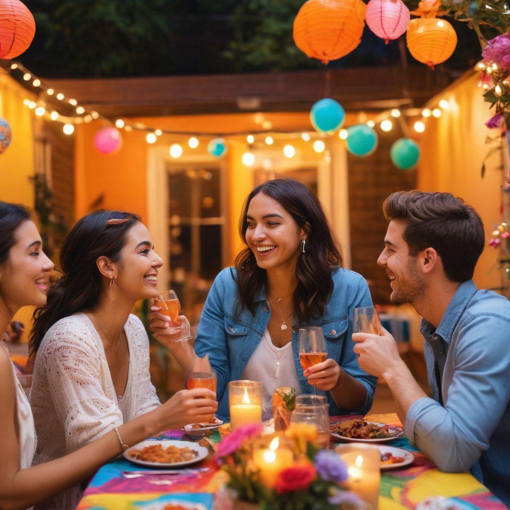 A vibrant, lively scene capturing a diverse group of friends at a colorful party, showing joyful interactions and romantic connections. Include warm lights, festive decorations, and a variety of individuals engaging in conversation and laughter. Emphasize the themes of friendship blossoming into romance, with subtle hints of affection in the air. The background should be dynamic yet cozy, embodying the spirit of celebration and connection. vibrant colors. super-realistic.