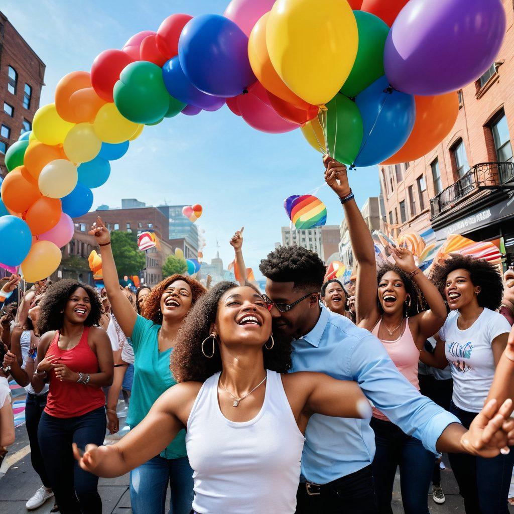 A vibrant scene showcasing a colorful shemale event with diverse individuals of all backgrounds dancing together under a rainbow-themed arch. Balloons and flags displaying the colors of the pride flag fill the air, while uplifting expressions of joy and acceptance are evident on everyone's faces. The backdrop features a festive cityscape, symbolizing inclusivity and love. super-realistic. vibrant colors. dynamic angle.